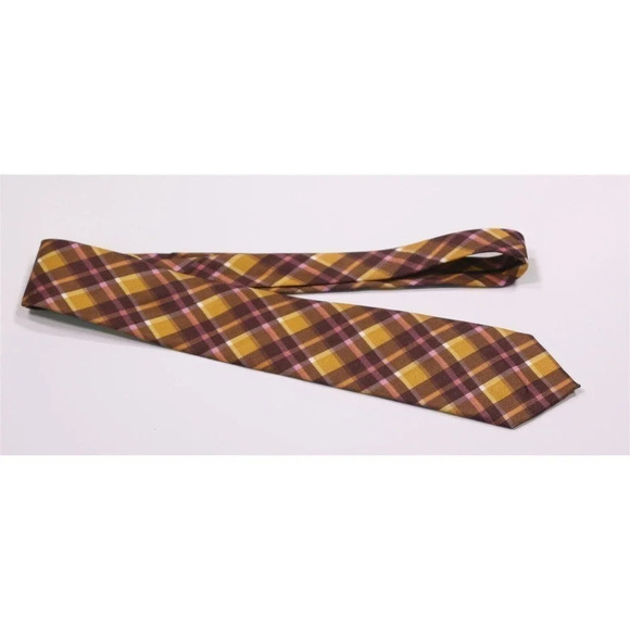 Phineas Cole Gold/Brown Plaid Slim Silk Necktie Tie - Picture 2 of 6